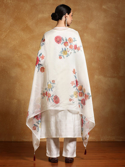 Off White Women Floral Printed Regular Thread Work Kurta with Trousers & With Dupatta