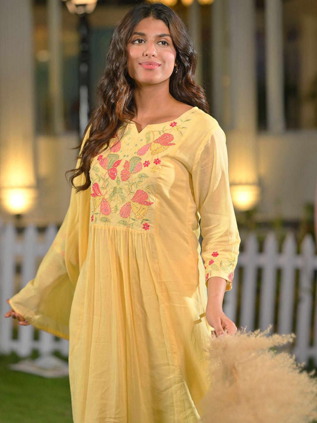 Dhiyona IE Floral Yoke Design Thread Work Pure Cotton A-Line Kurta With Trousers & Dupatta