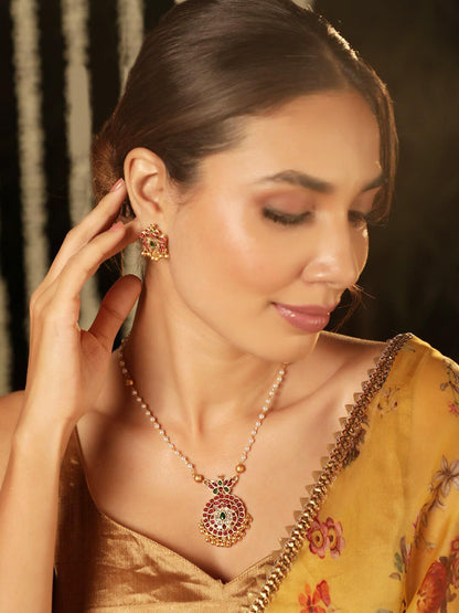 Dhiyona RJ Women's 22K Gold-Plated Ruby & Emerald Kundan Studded and White Pearls Beaded Jewelery Set