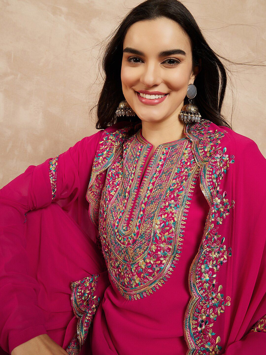 Dhiyona IN Pink & Gold Toned Yoke Design Embroidered Straight Kurta With Sharara & Dupatta