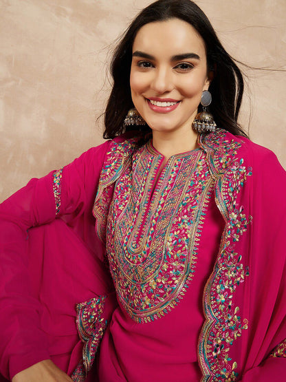 Dhiyona IN Pink & Gold Toned Yoke Design Embroidered Straight Kurta With Sharara & Dupatta