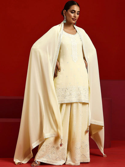 Dhiyona LL Ethnic Motifs Embroidered Round Neck Sequinned Kurta with Palazzos & Dupatta