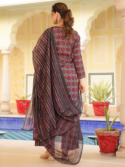 Dhiyona KL Floral Printed V-Neck A-Line Kurta with Palazzos And Dupatta