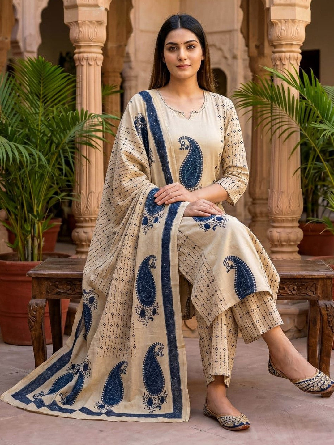 Printed Pure Cotton Round Neck Kurta & Palazzos With Dupatta