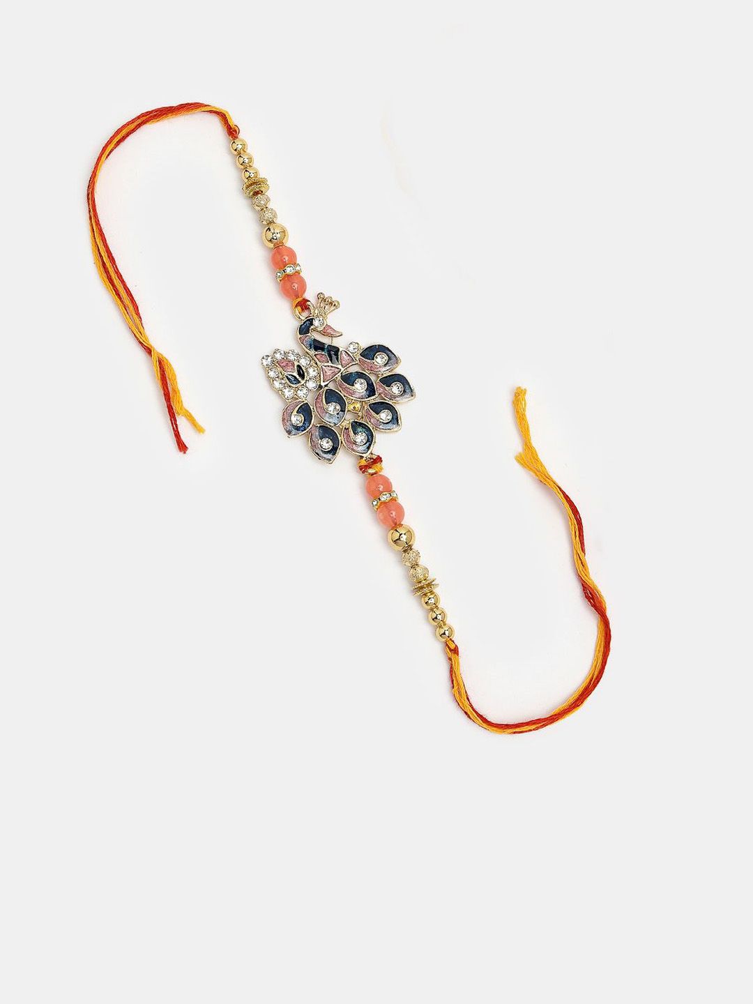 Dhiyona Unisex Set Of 2 Multicolor Peacock Design Stone & Beaded Bhaiya Bhabhi Rakhi