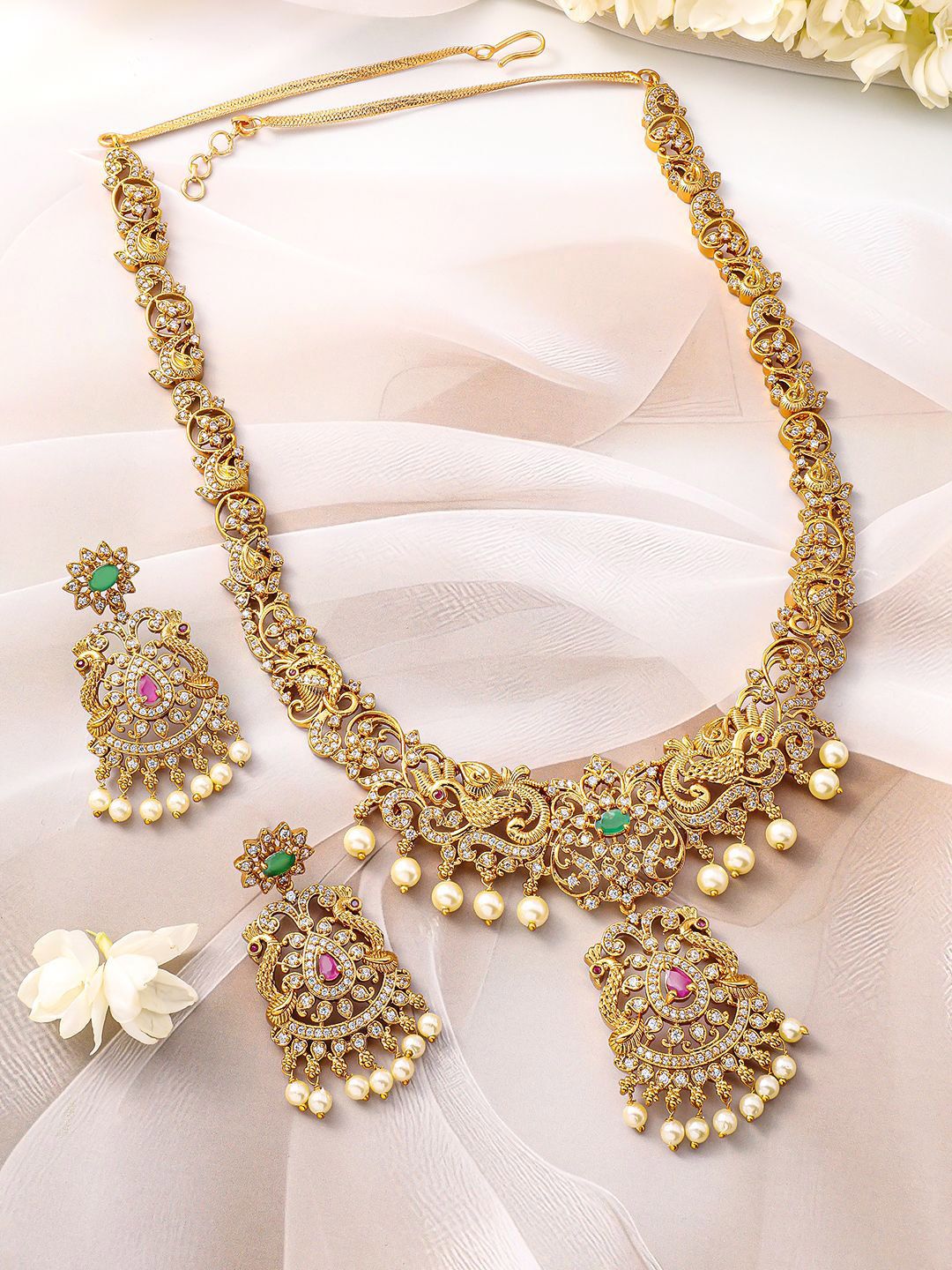 Dhiyona RJ Women's 22K Gold-Plated Emerald, Ruby Pink & Cubic Zirconia Jewellery Set with Pearl Beads