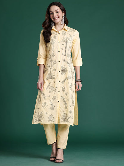 Ethnic Motifs Embroidered Thread Work Pure Cotton Kurta with Trousers