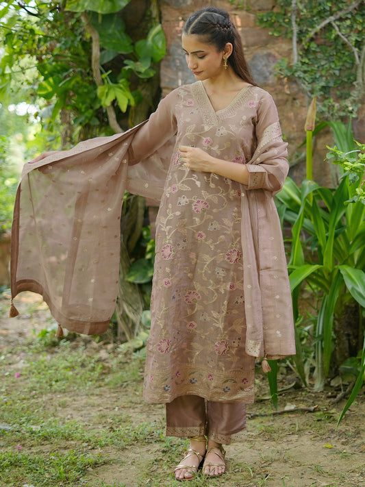 Floral V-Neck Three-Quarter Sleeves Chanderi Silk Kurta with Palazzos & With Dupatta