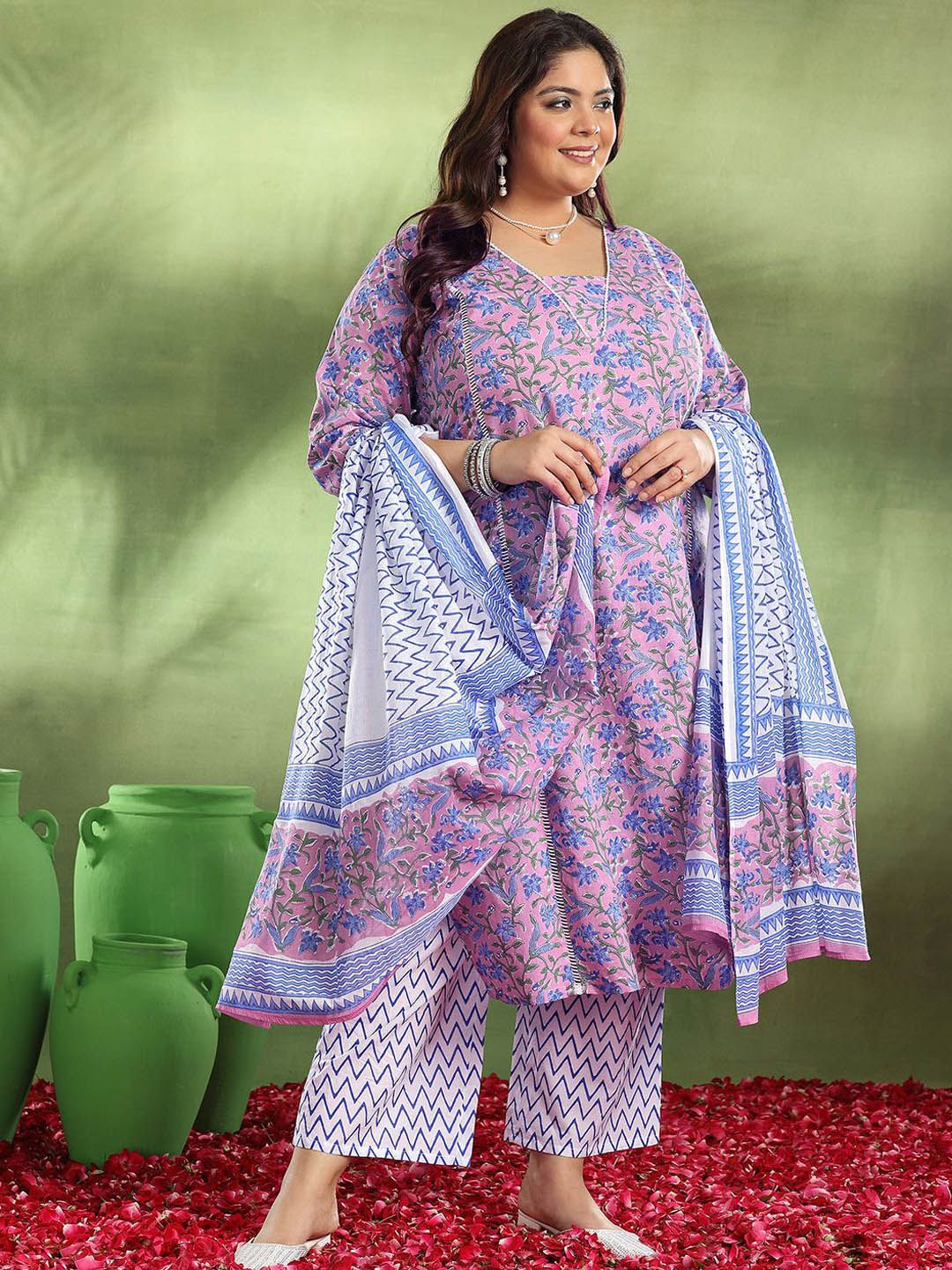 Dhiyona Women's Plus Size Floral Printed Pure Cotton Straight Kurta Trousers & Dupatta