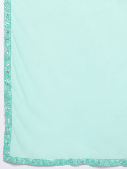 Womens Sea Green Embroidered Georgette Straight Kurti With Sharara & Dupatta