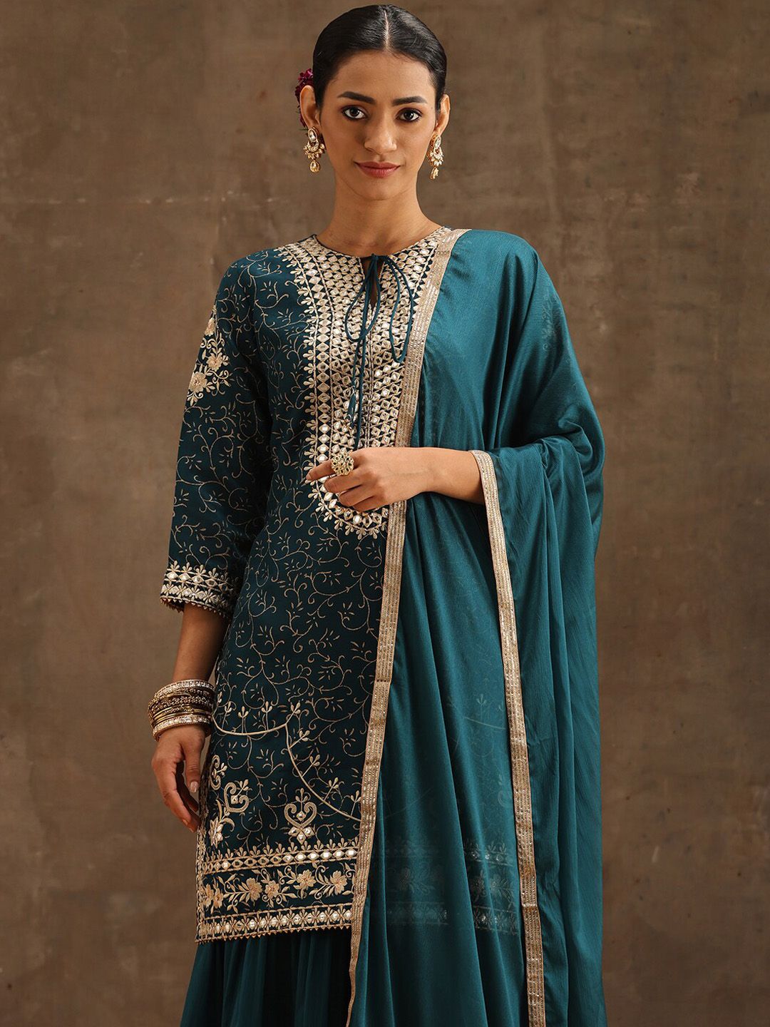 Dhiyona LL Womens Teal Yoke Design Straight Kurta With Sharara & Dupatta