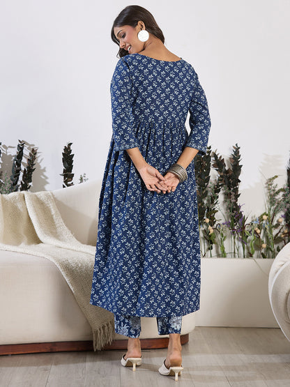 V-Neck Floral Printed Empire Pure Cotton Kurta with Trouser