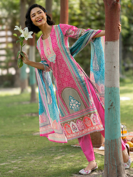 Ethnic Motifs Printed Round Neck Straight Kurta with Trousers & Dupatta