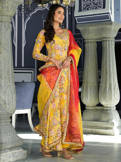 Dhiyona KL Floral Printed Thread Work Anarkali Kurta & Trousers With Dupatta