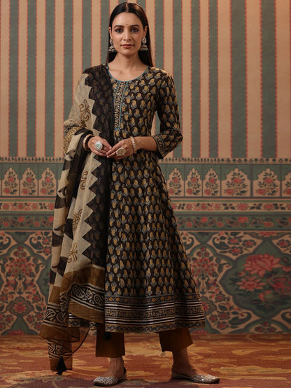 Dhiyona RR Women's Paisley Printed Beads and Stones Pure Cotton Kurta with Trousers & Dupatta
