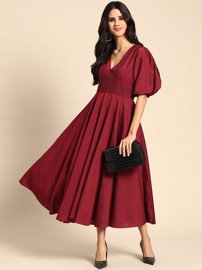 Dhiyona AY Women's Maroon Solid Puff Sleeves V Neck Embroidered Detail Midi Dress