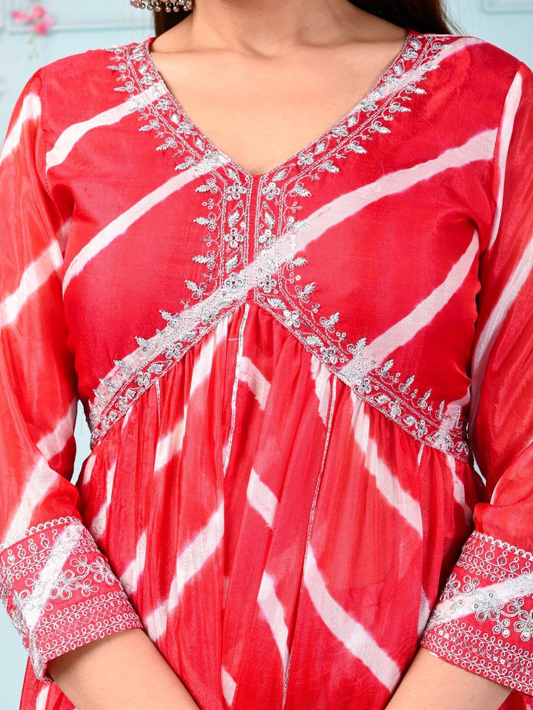 Dhiyona SN Red & White Leheriya Printed Thread Work Silk Kurta With Sharara & Dupatta