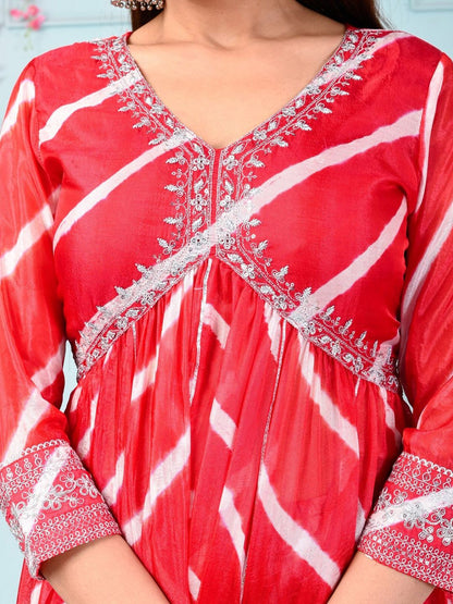 Dhiyona SN Red & White Leheriya Printed Thread Work Silk Kurta With Sharara & Dupatta