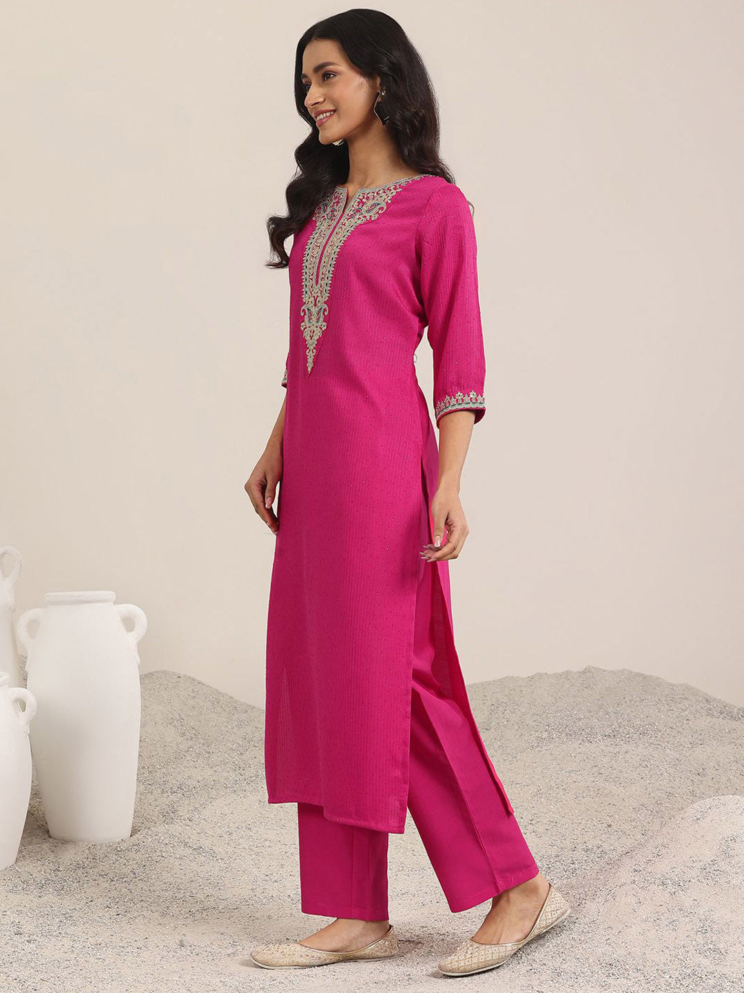 Floral Yoke Design Sequnnied Straight Kurta With Trousers & Dupatta