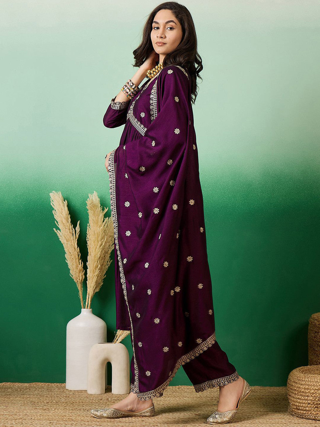 Purple Embroidered Empire Anarkali Kurta With Trousers & Dupatta