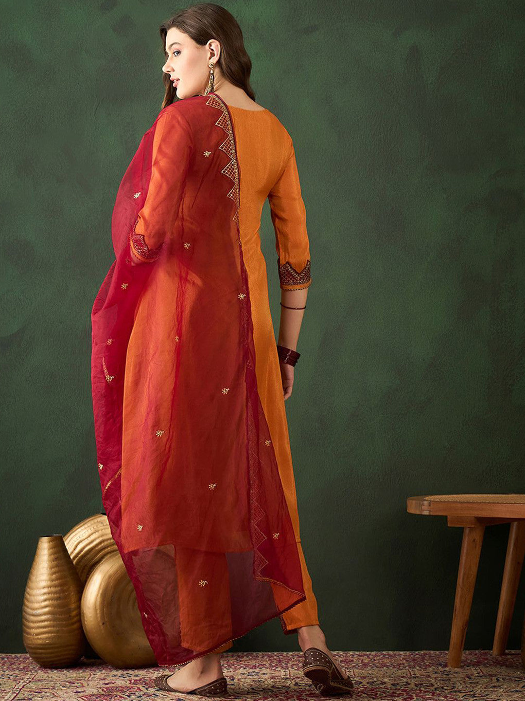 Orange Sequence Round Neck Anarkali Kurta With Trouser And Dupatta
