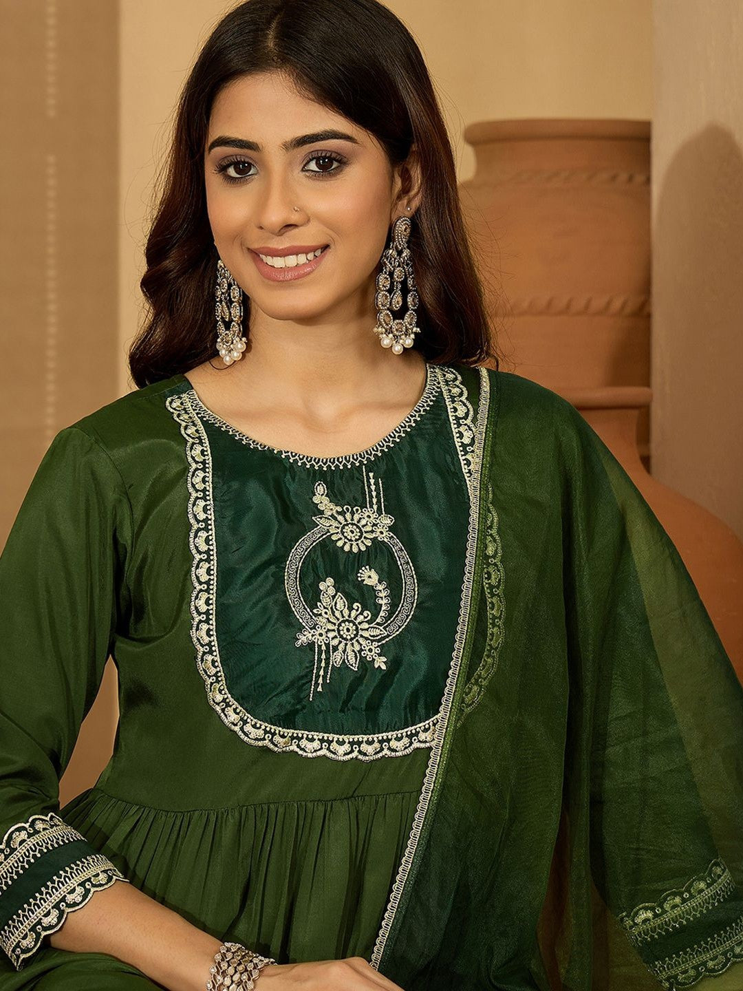 Ethnic Motifs Embroidered Pleated Thread Work Kurta With Palazzos & Dupatta