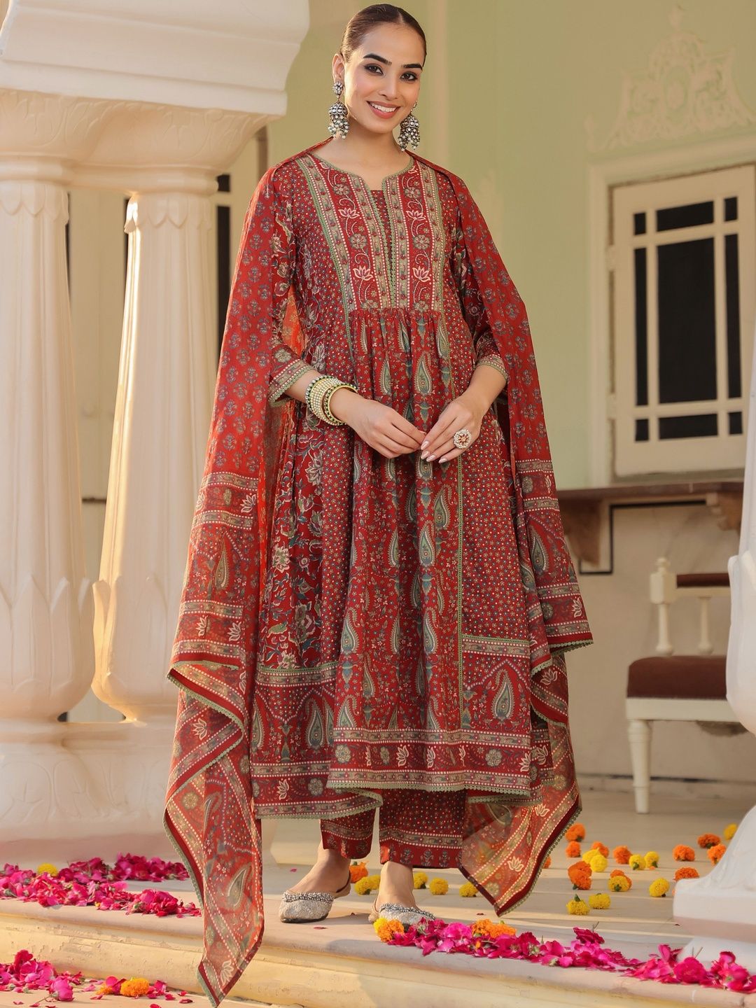 Dhiyona RR Women's Ethnic Motifs Printed Pleated Pure Cotton Kurta with Trousers & With Dupatta