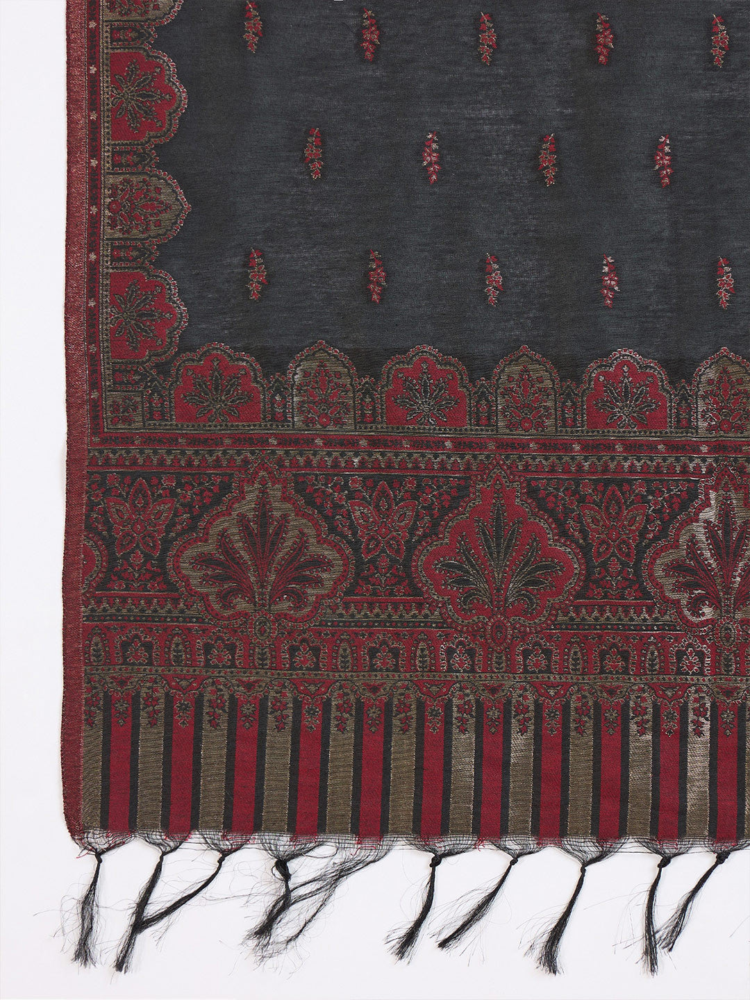 Embroidered Velvet Mandarin Collar Kurta With Trousers & Dupatta