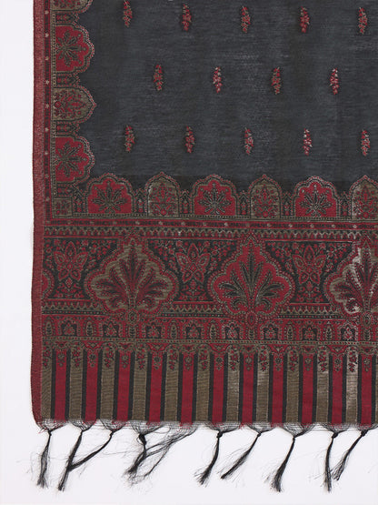 Embroidered Velvet Mandarin Collar Kurta With Trousers & Dupatta