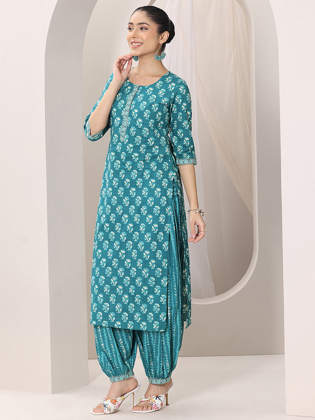 Teal Ethnic Printed Cotton Afghani Salwar Suit Set