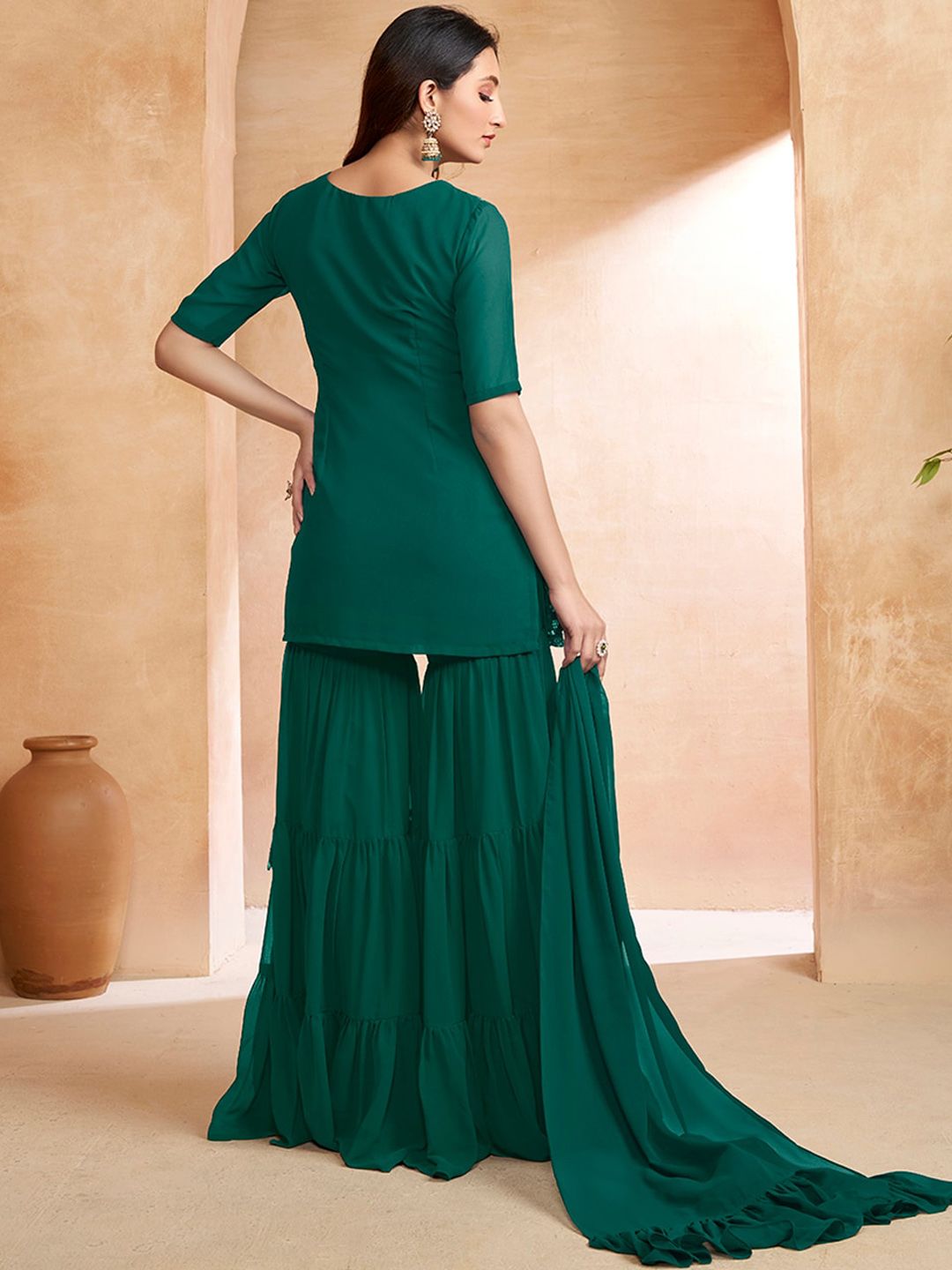 Dhiyona IN Floral Embroidered Kurta With Sharara & Dupatta