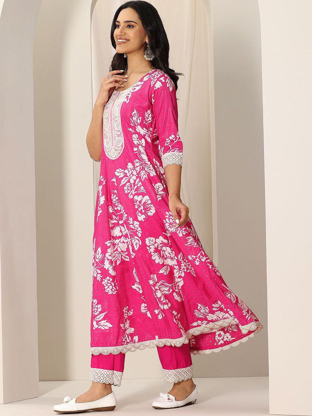 Womens Pink Printed Anarkali Kurta With Trousers & Dupatta