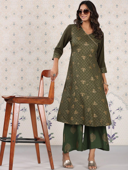 Dhiyona OD  Olive Green & Gold Printed V Neck Angrakha Kurta With Palazzos