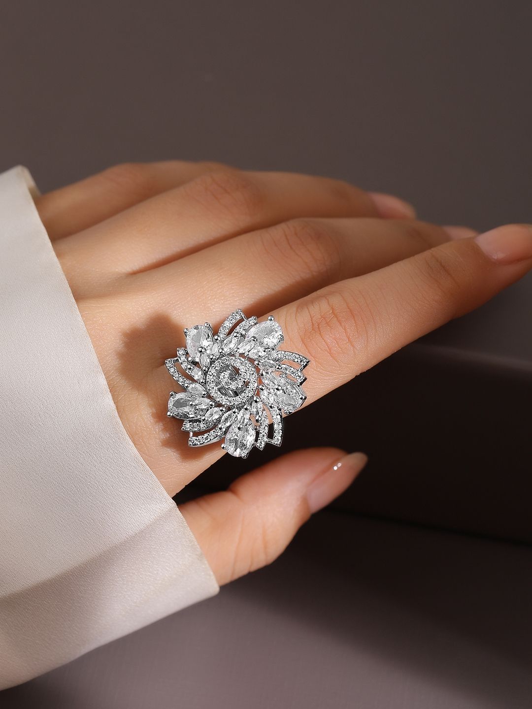 Dhiyona RJ Women's Rhodium-Plated Cubic Zirconia Studded Swirl Design Adjustable Finger Ring