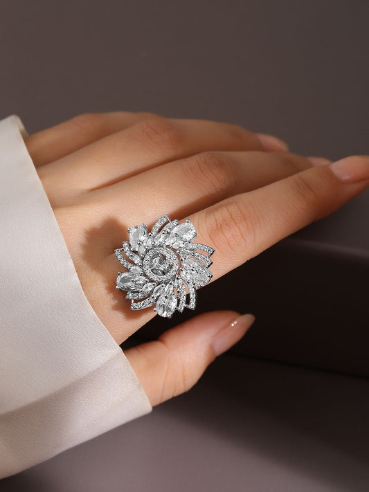 Dhiyona RJ Women's Rhodium-Plated Cubic Zirconia Studded Swirl Design Adjustable Finger Ring