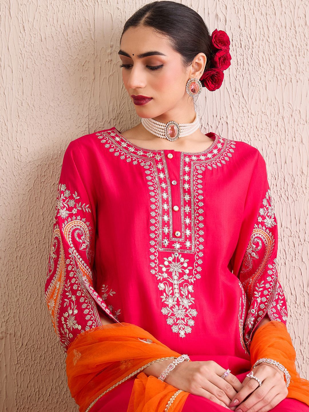 Dhiyona IE Women Ethnic Motifs Embroidered Regular Kurta with Trousers & With Dupatta
