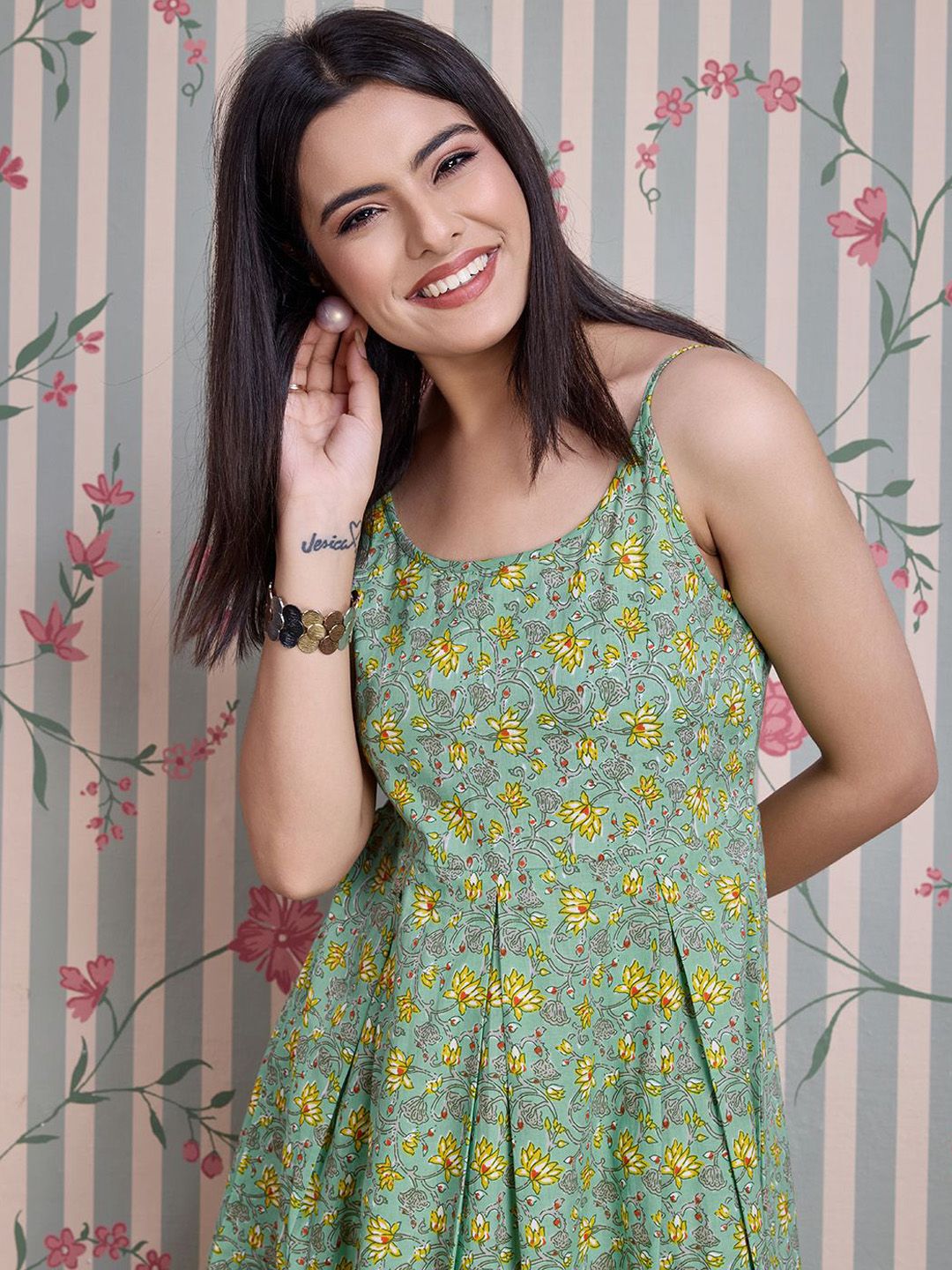 Dhiyona OD  Floral Printed Shoulder Straps Pure Cotton Anarkali Kurta