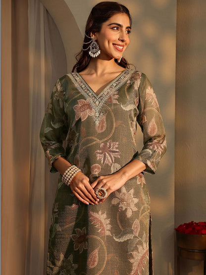 Women Floral Printed Regular Thread Work Kurta with Trousers & With Dupatta