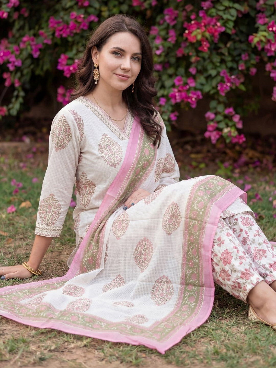 Women Floral Printed Regular Beads and Stones Pure Cotton Kurta with Salwar & With Dupatta