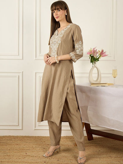 Floral Printed Thread Work Pure Cotton Kurta With Palazzos