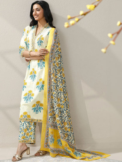 Women Floral Printed Regular Mirror Work Kurta with Trousers & With Dupatta
