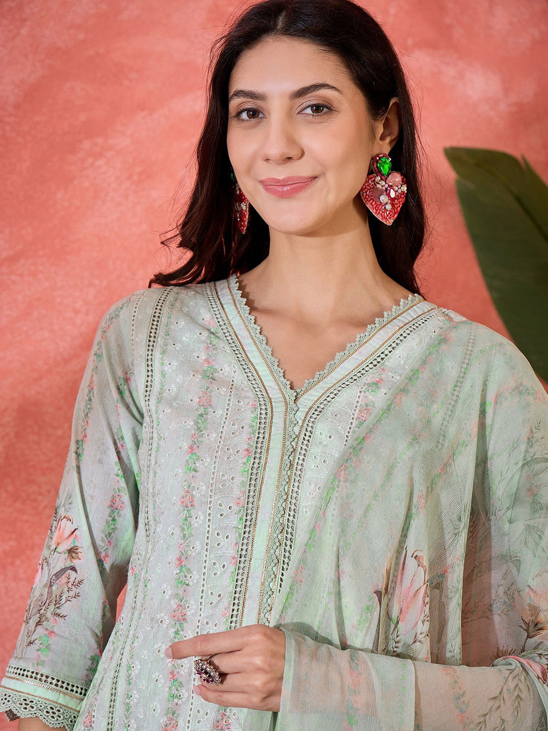 Floral Embroidered V Neck Chikenkari Pure Cotton Kurta With Trousers And Dupatta
