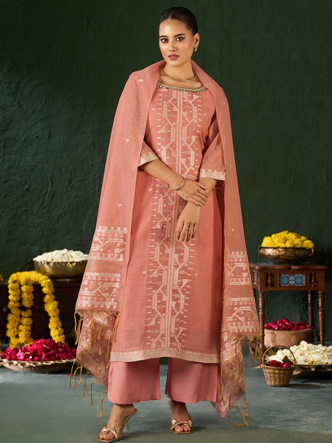 Dhiyona KL Women Pink Ethnic Motifs Embroidered Kurta With Palazzos & Dupatta