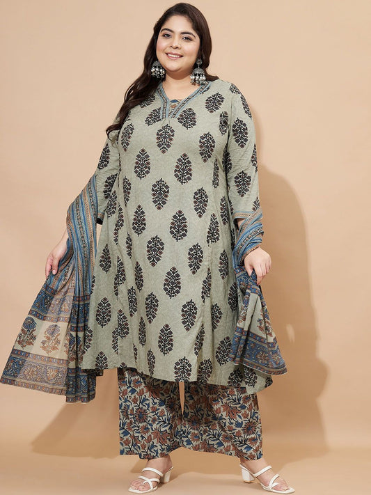 Dhiyona KL Women Plus Size Floral Printed Cotton Kurta with Palazzo & Dupatta