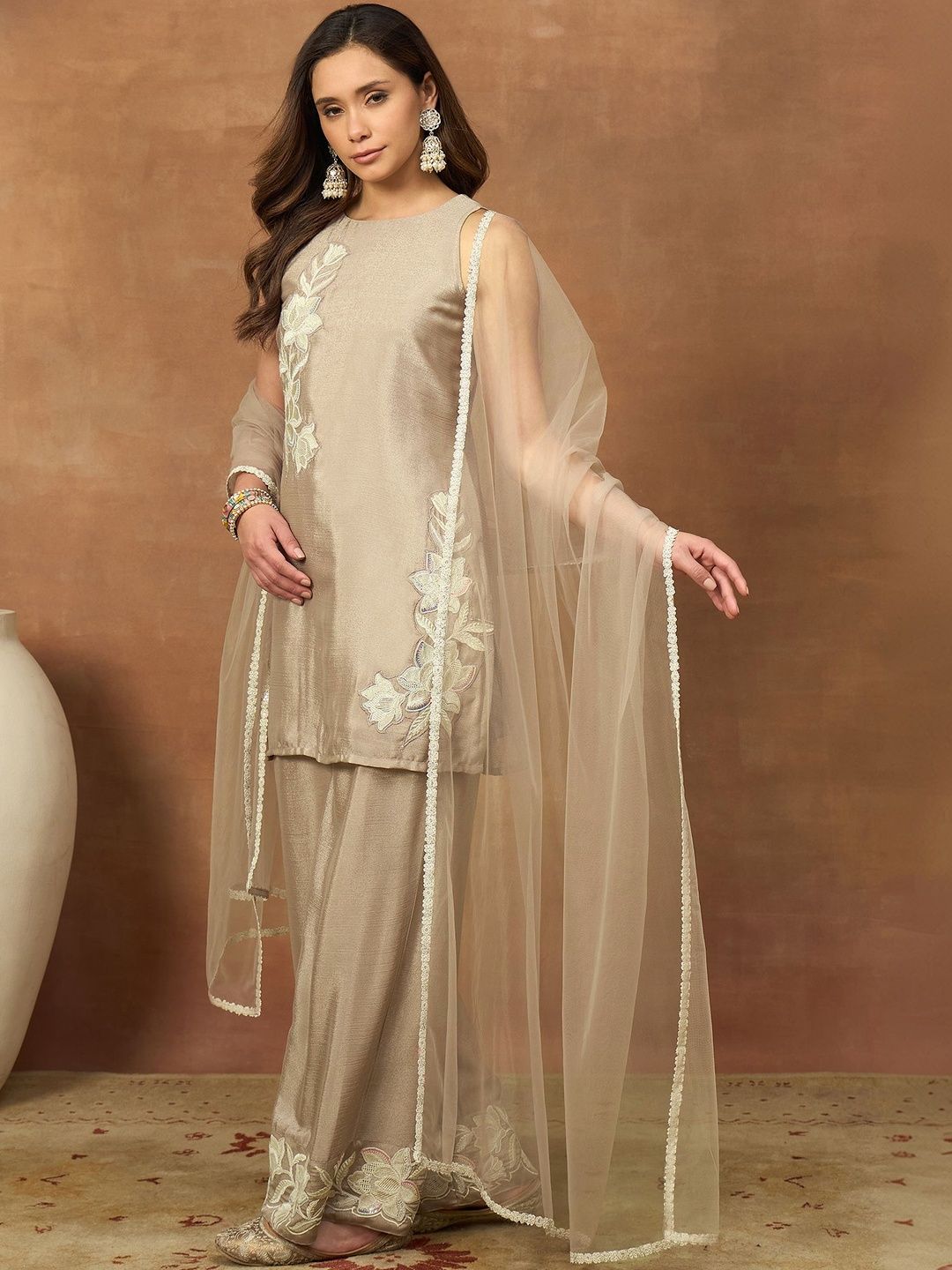 Dhiyona IN Women Floral Embroidered Regular Thread Work Kurta with Palazzos & With Dupatta