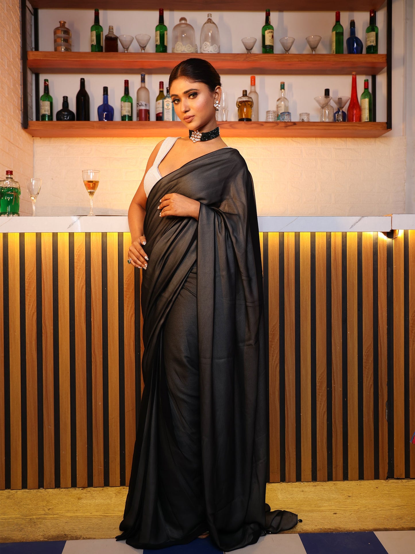 Dhiyona ST Pre-Draped 1-Minute Black Georgette with Cream Satin Saree with Blouse Fabric