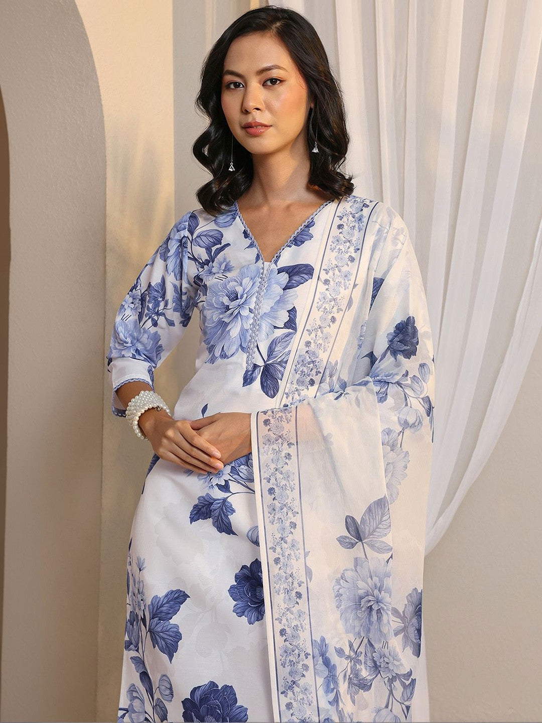 White Floral Printed Chanderi Silk Straight Suit Set with Dupatta