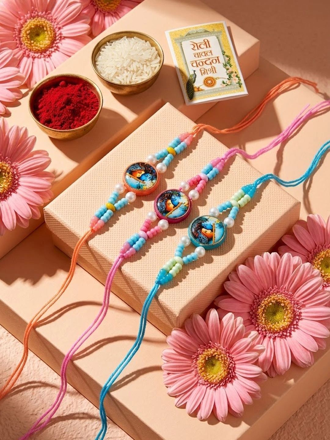 Dhiyona Set Of 3 Radha Krishna Thread Rakhi With Roli Chawal Chandan Mishri