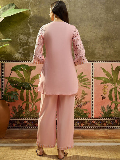 Embroidered Pure Cotton V-Neck Kurti & Trousers