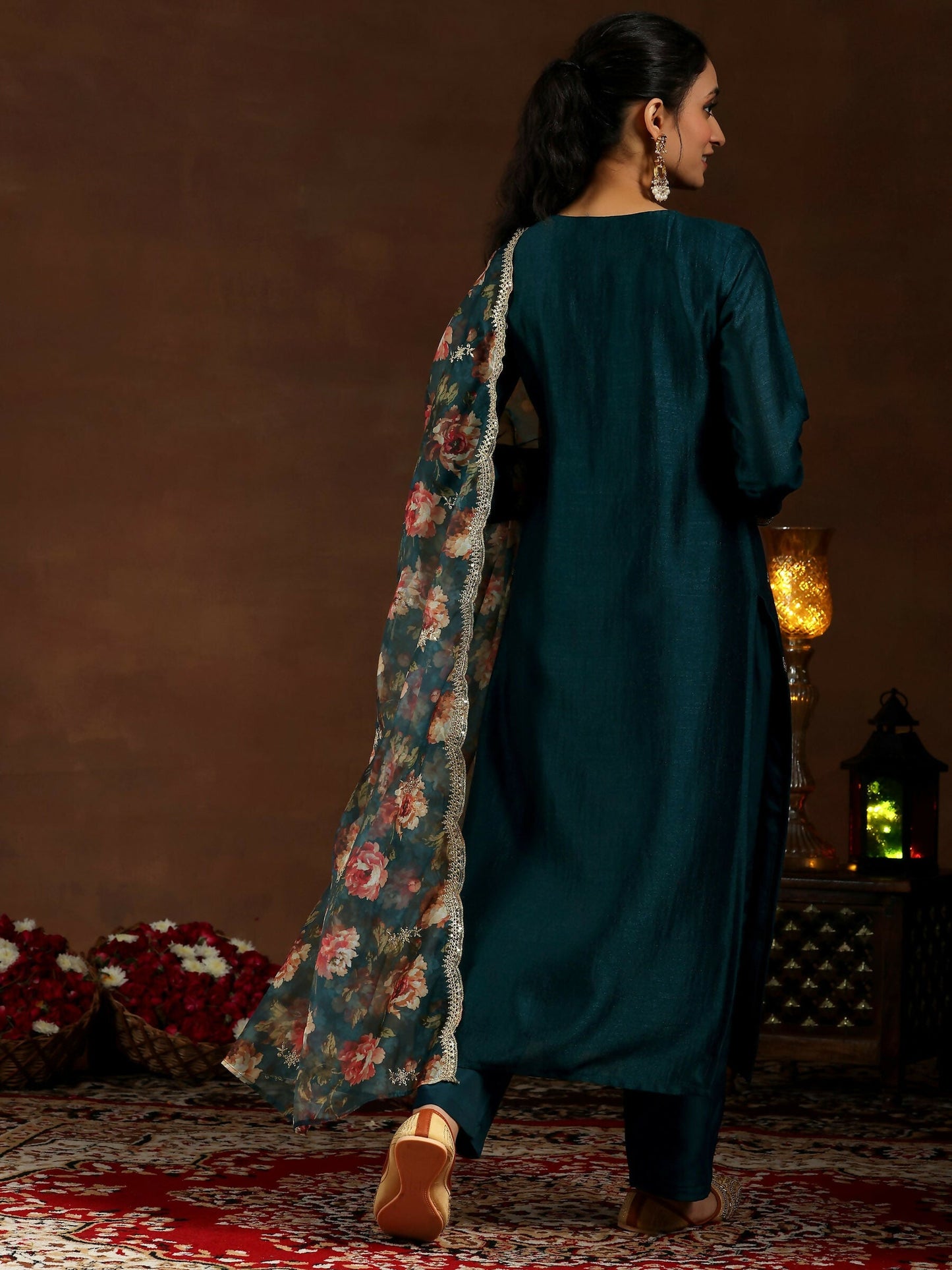 Women's LB Teal Embroidered Silk Blend Straight Suit With Dupatta